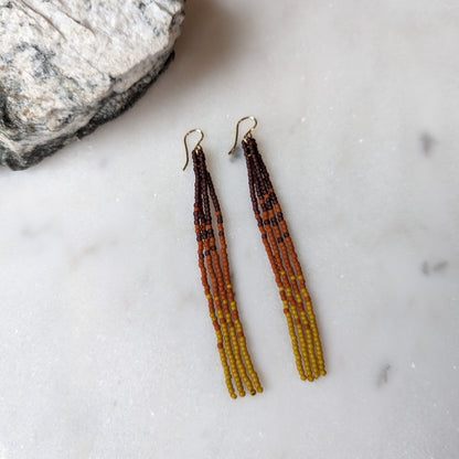 Autumn Pumpkin Spice Long Beaded Fringe Earrings