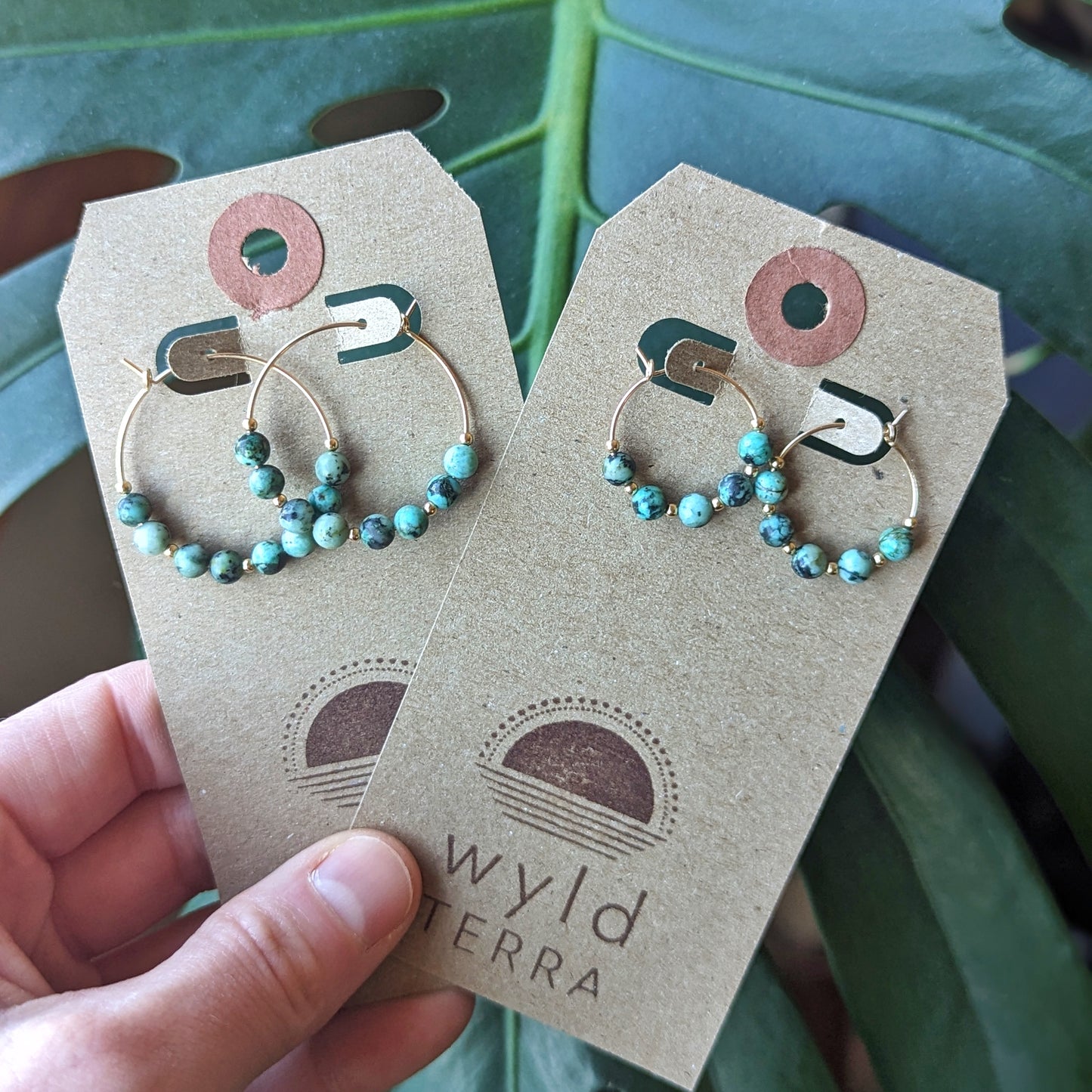 Regular and Mini Sized Gold Filled African Turquoise Hoops