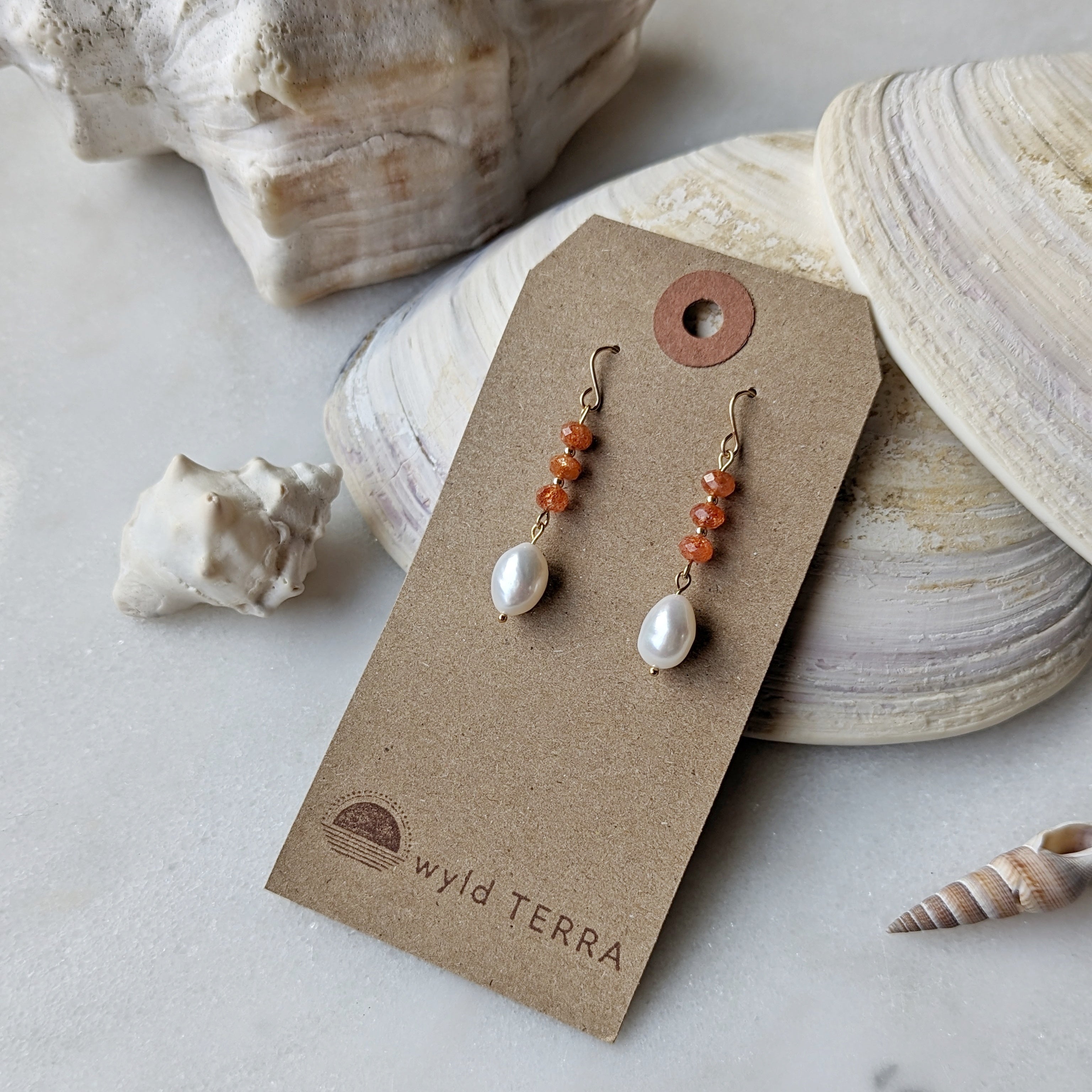 Sunstone & Freshwater Pearl Drop Dangles