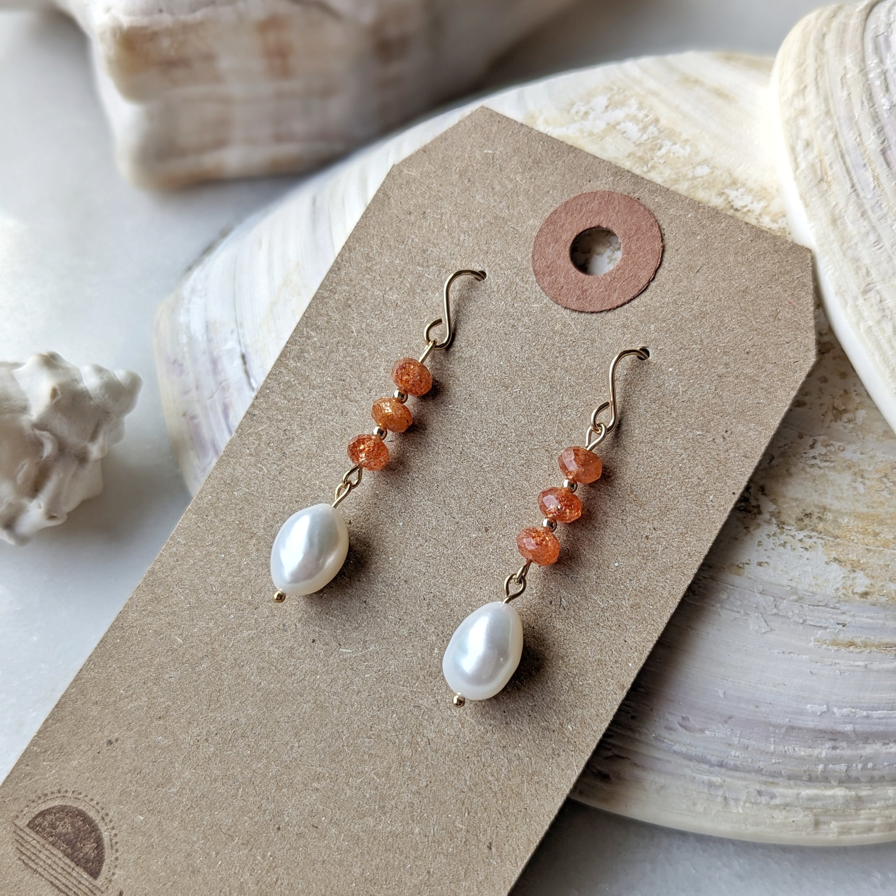 Sunstone & Freshwater Pearl Drop Dangles