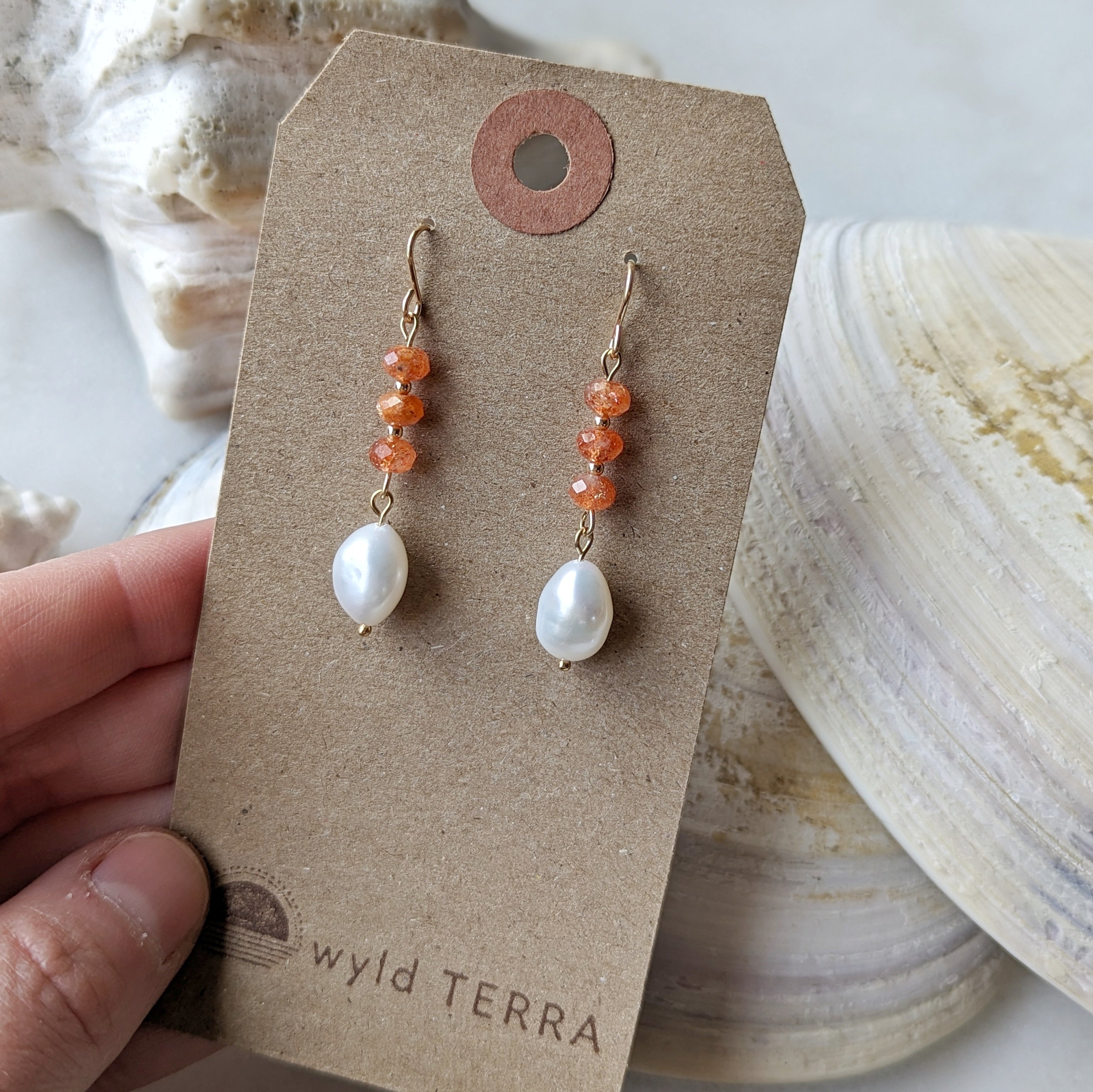 Sunstone & Freshwater Pearl Drop Dangles