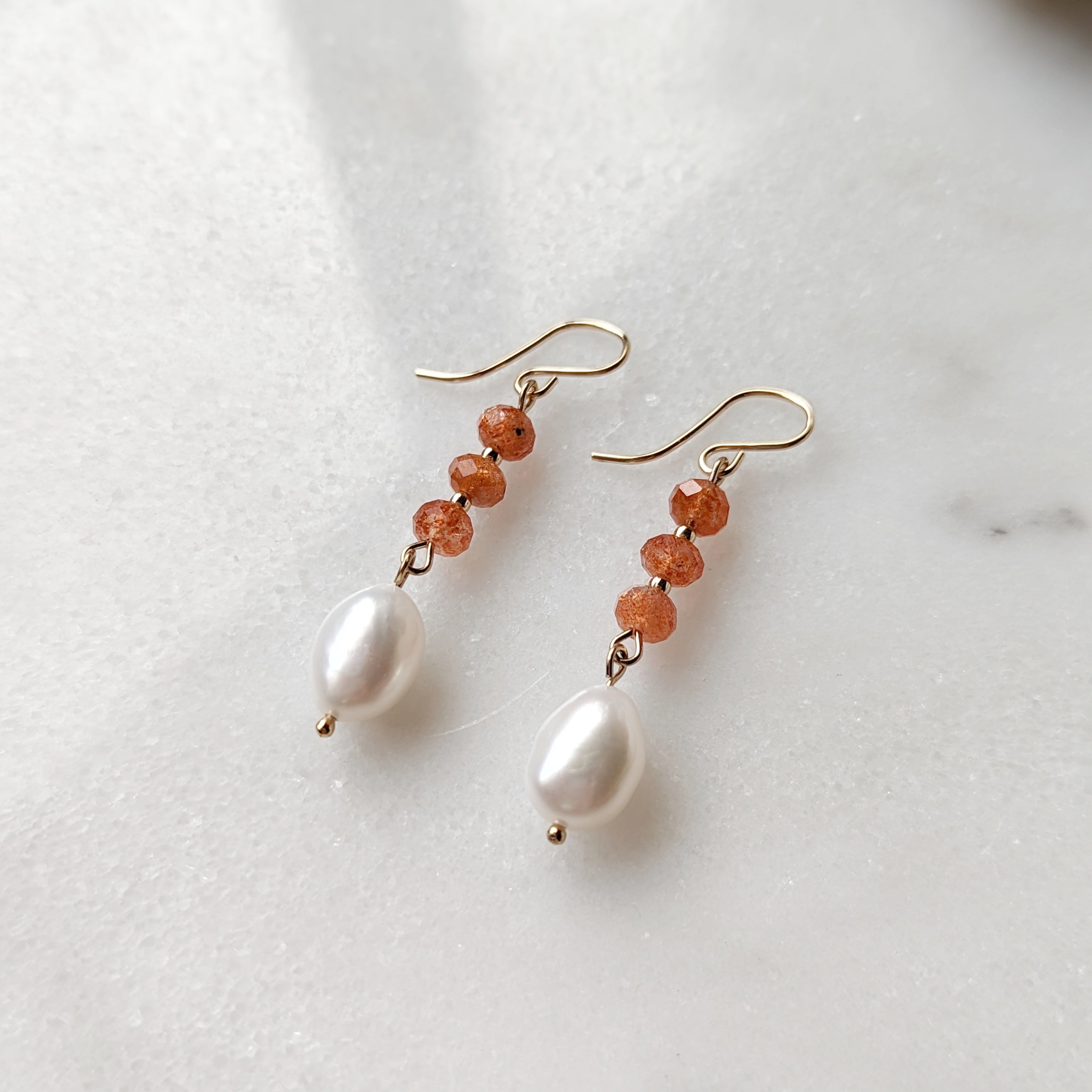 Sunstone & Freshwater Pearl Drop Dangles