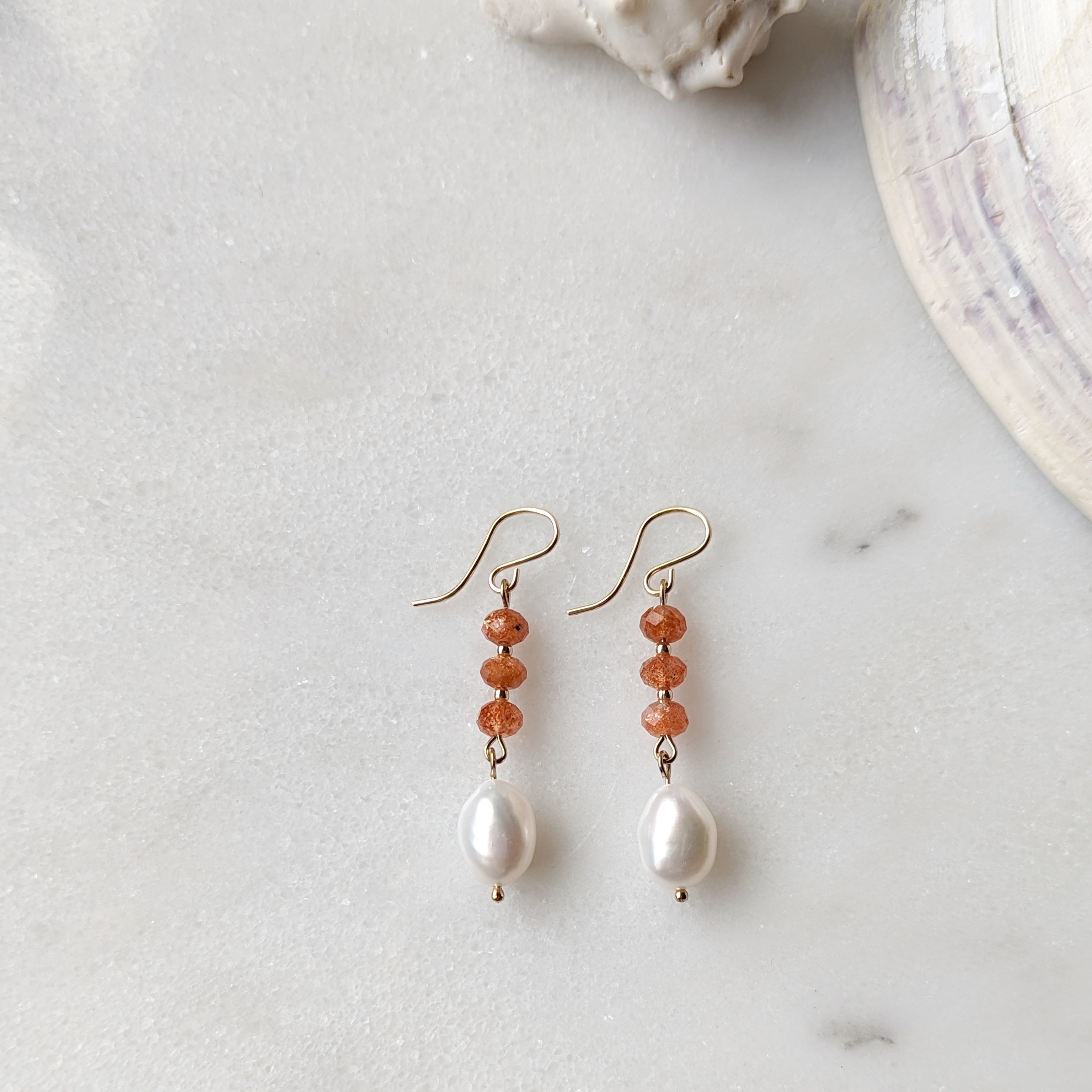 Sunstone & Freshwater Pearl Drop Dangles
