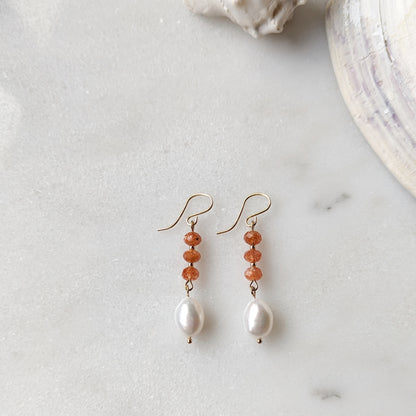 Oregon Sunstone & Freshwater Pearl Drop Dangles