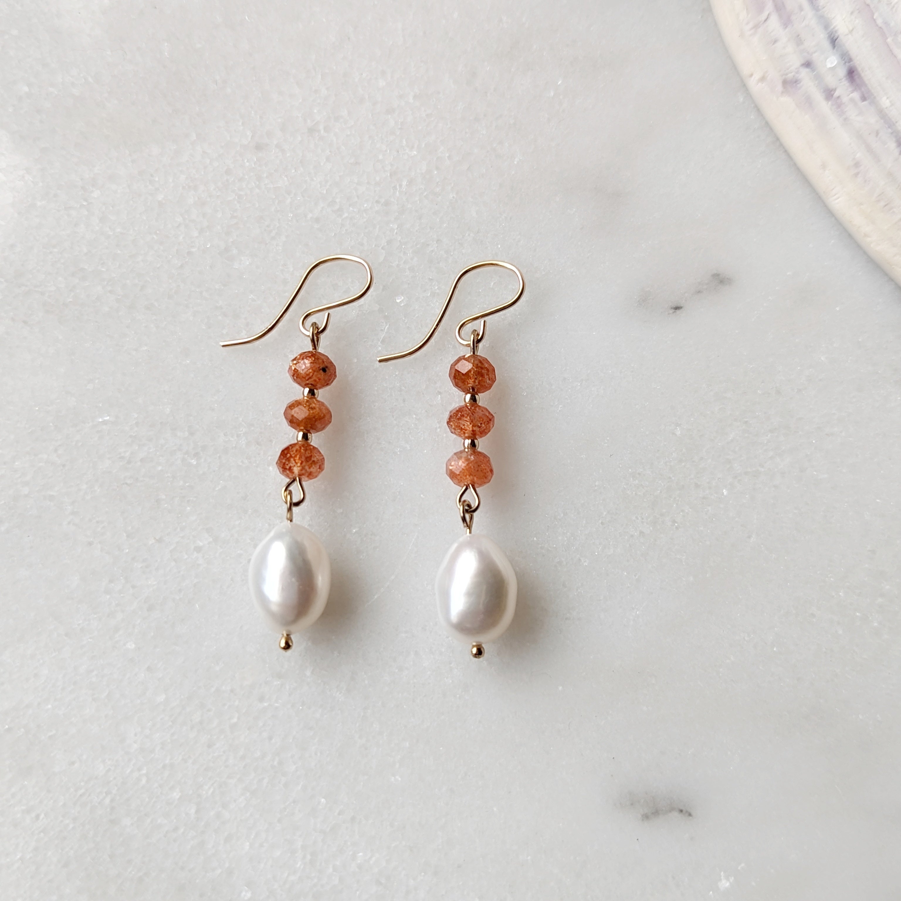 Sunstone & Freshwater Pearl Drop Dangles