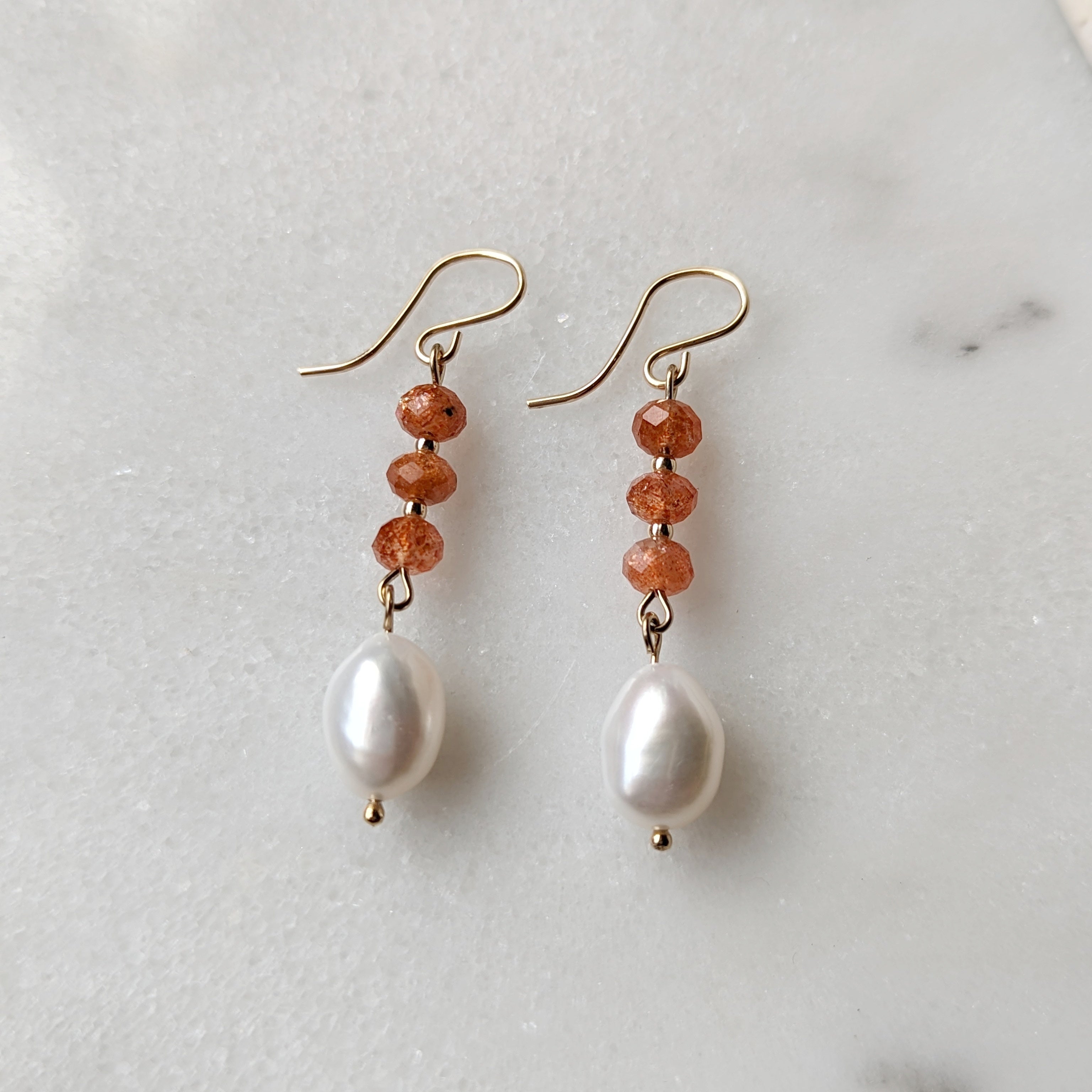 Sunstone & Freshwater Pearl Drop Dangles