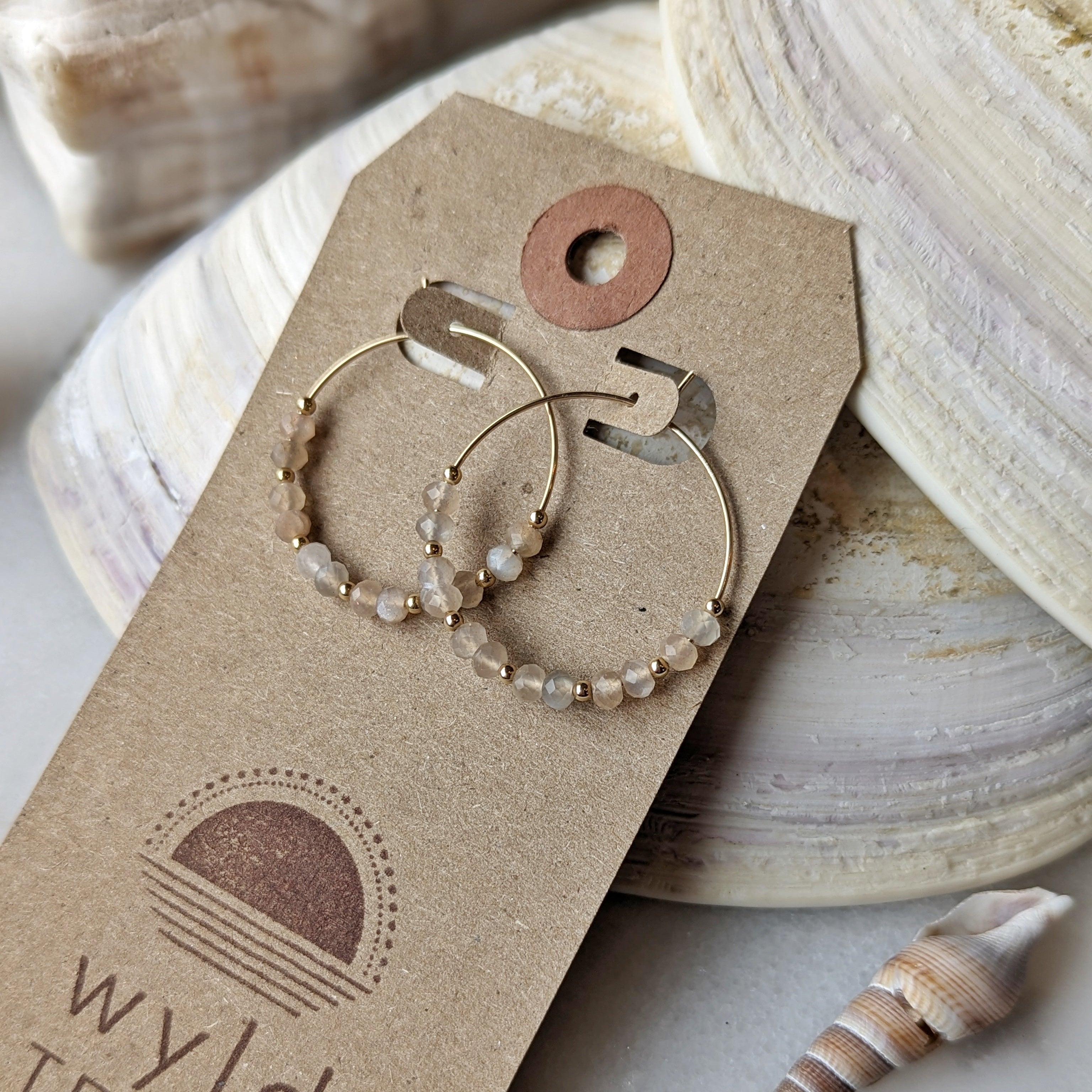 Silvery Peach Moonstone Hoops