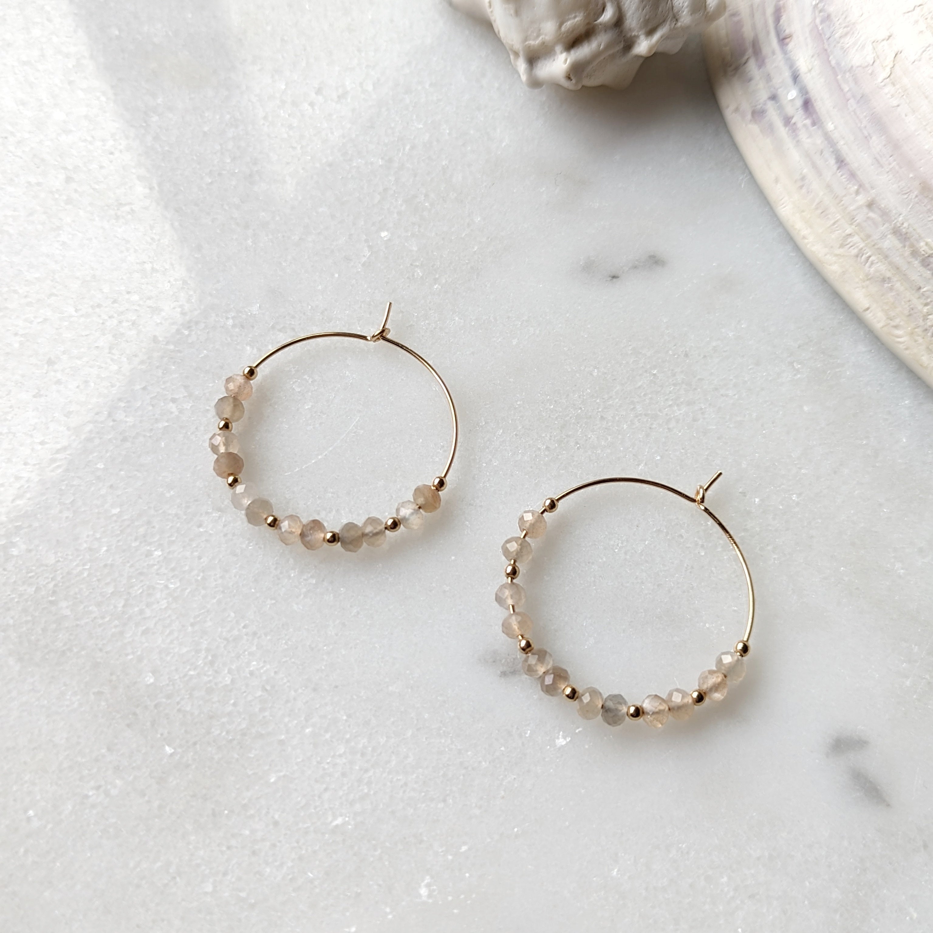 Silvery Peach Moonstone Hoops