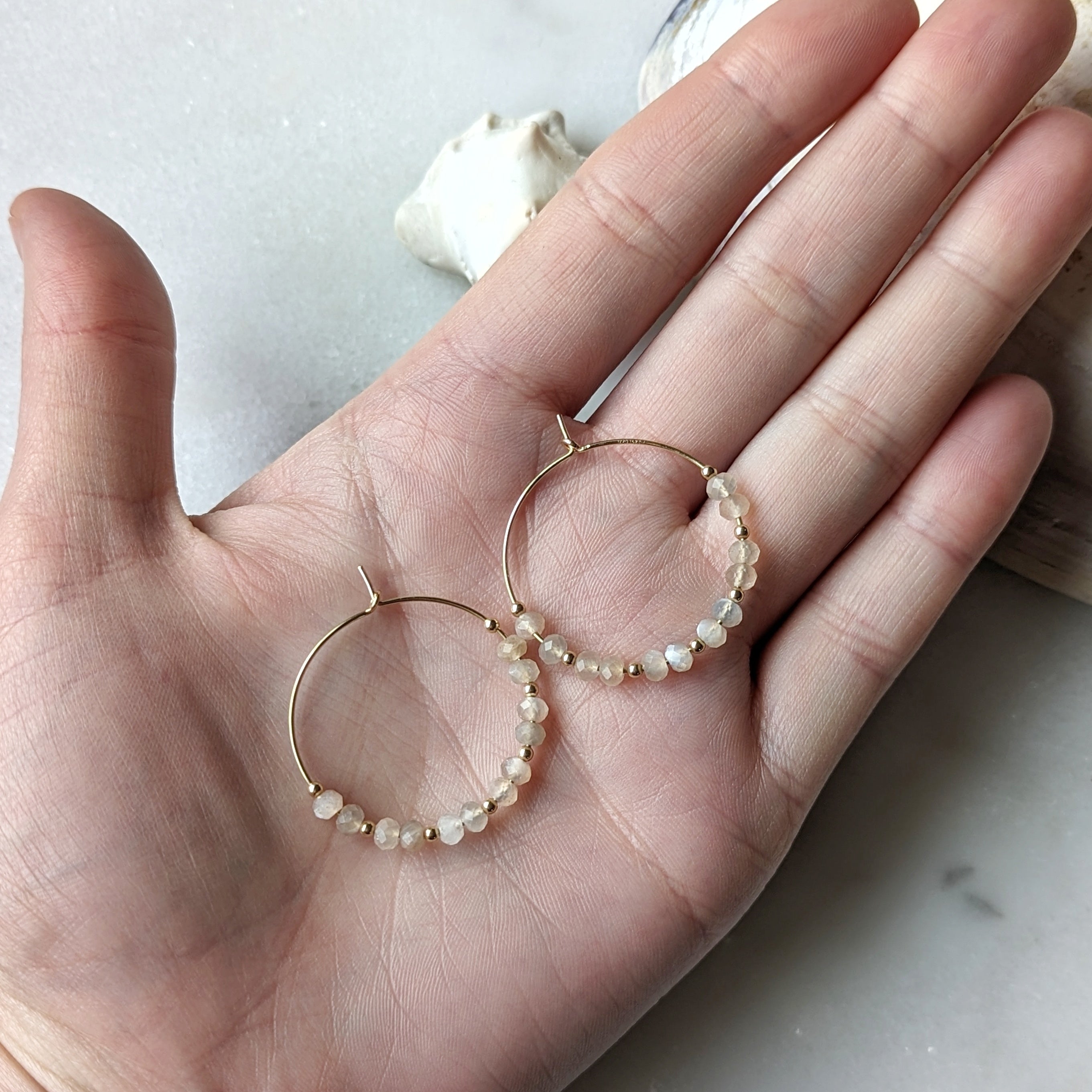 Silvery Peach Moonstone Hoops