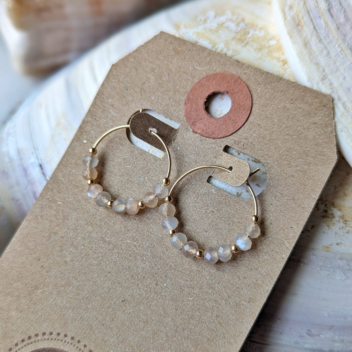 Silvery Peach Moonstone Mini Hoops