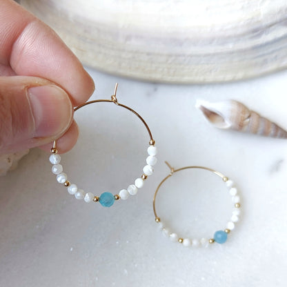 Mother of Pearl & Peruvian Amazonite Accent Hoops