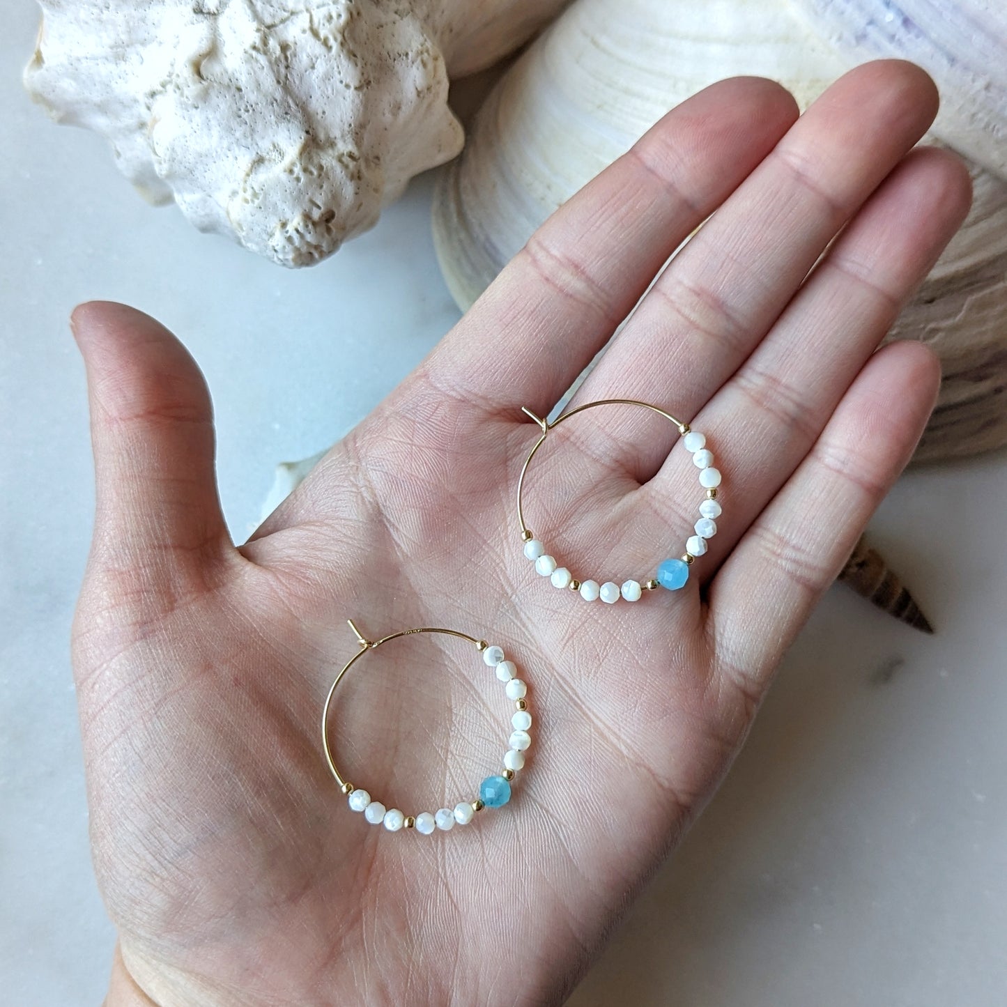 Mother of Pearl & Peruvian Amazonite Accent Hoops