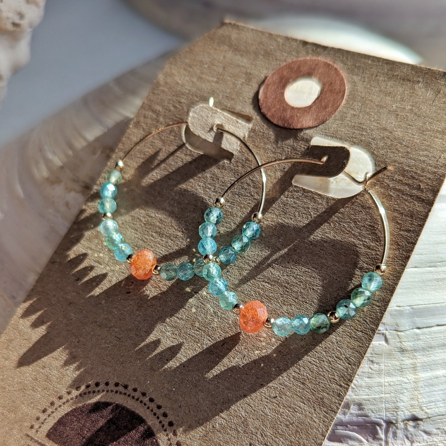 Aqua Teal Green Apatite & Oregon Sunstone Hoops