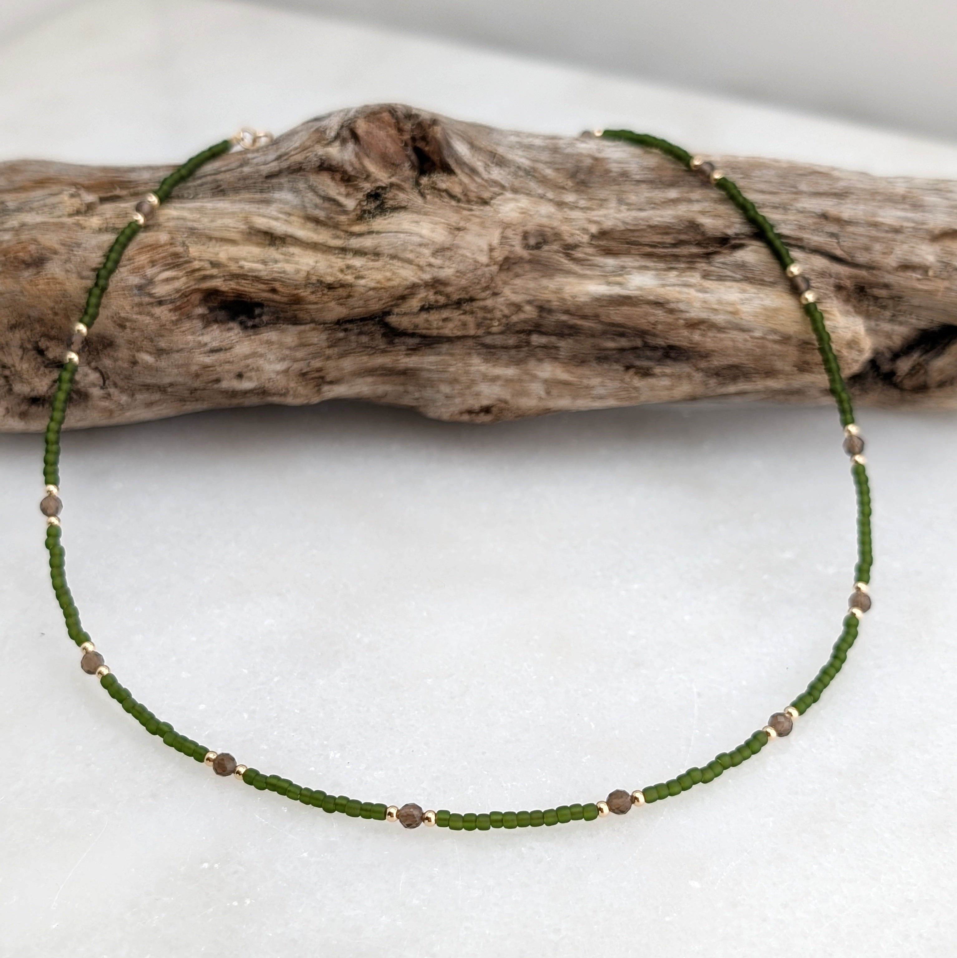 Smoky Quartz Grounding Olive Green Necklace