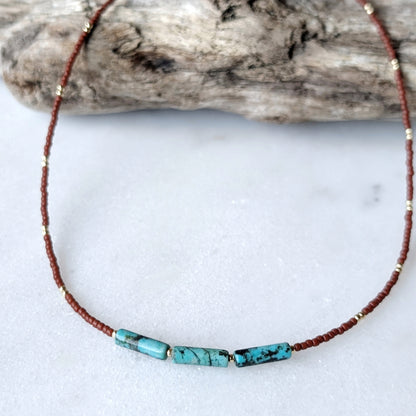 African Turquoise Triple Burnet Orange Necklace