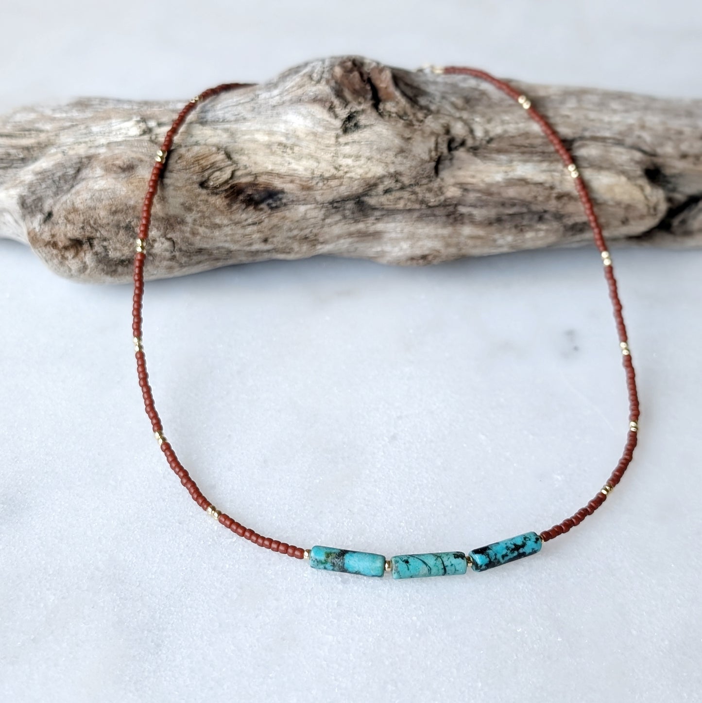 African Turquoise Triple Burnet Orange Necklace