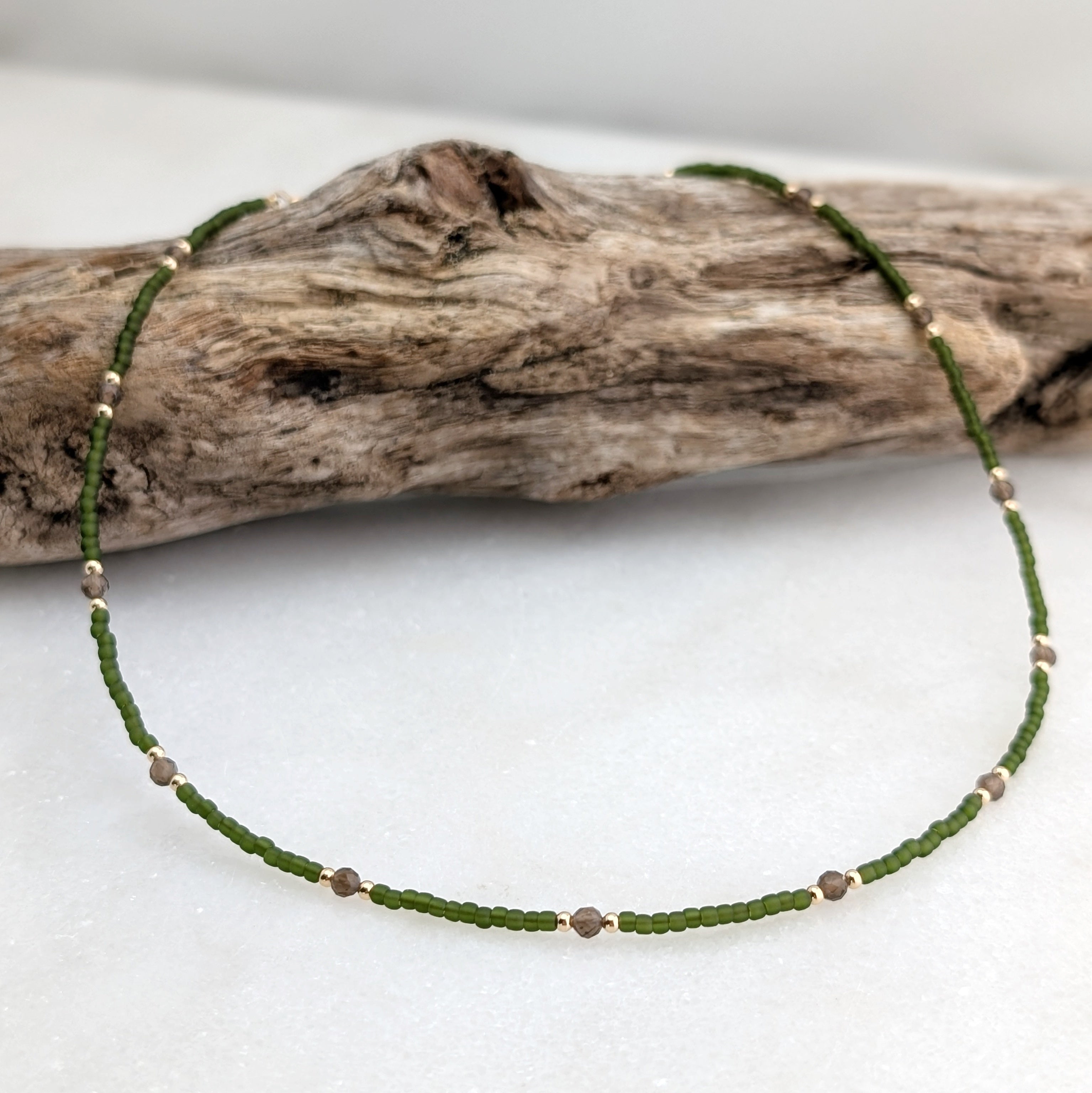 Smoky Quartz Grounding Olive Green Necklace