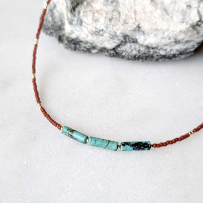 African Turquoise Triple Burnet Orange Necklace