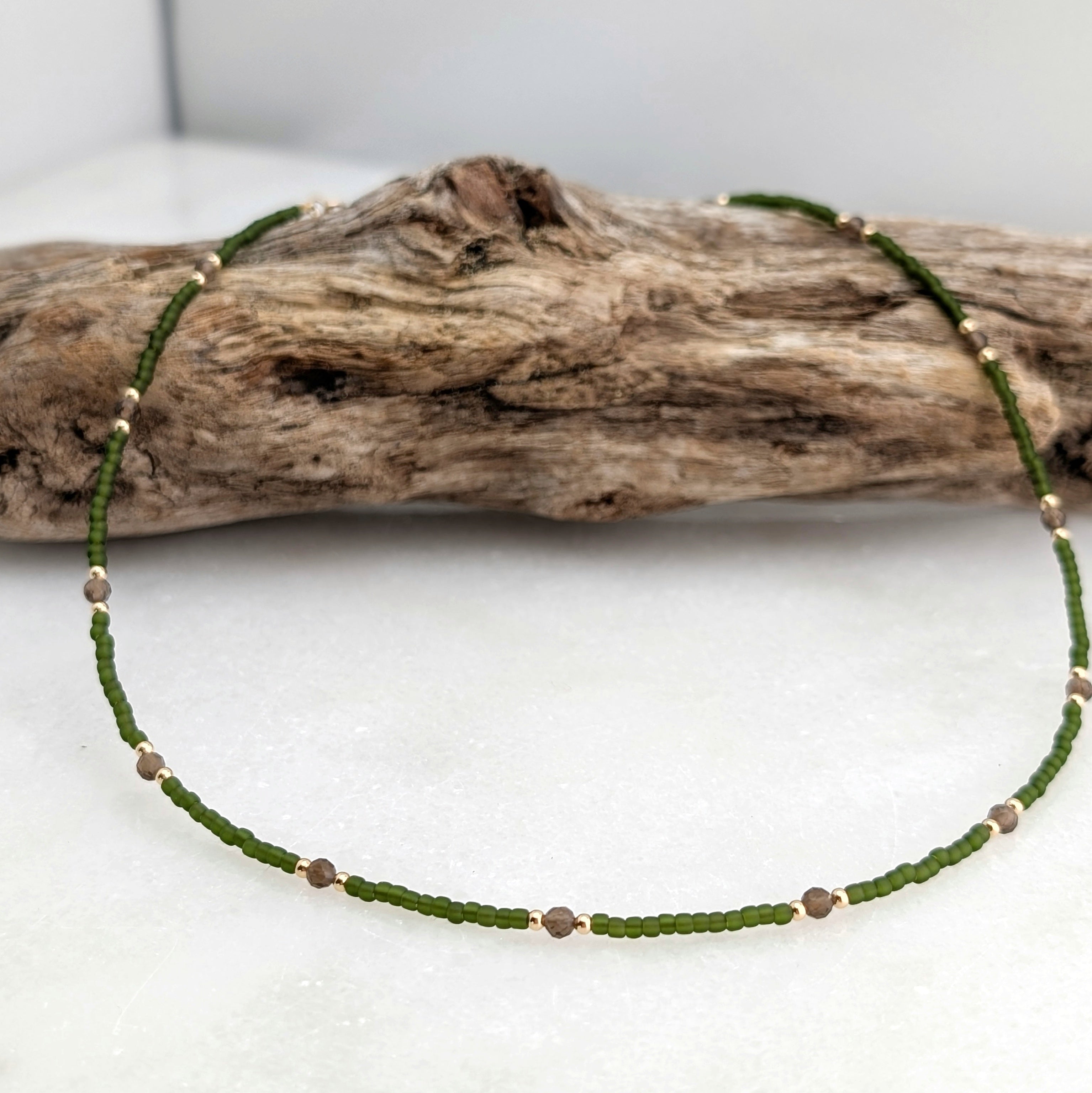 Smoky Quartz Grounding Olive Green Necklace
