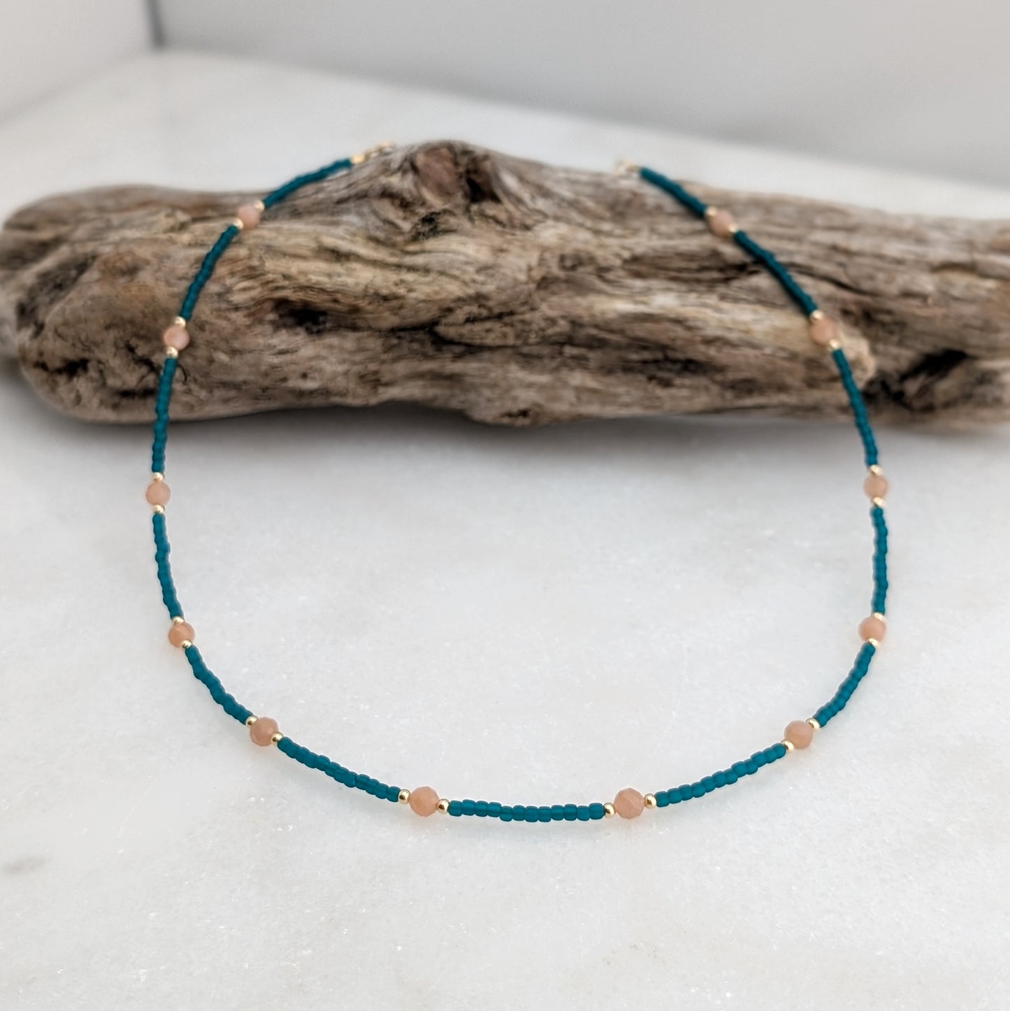 Peach Moonstone Teal Waters Necklace