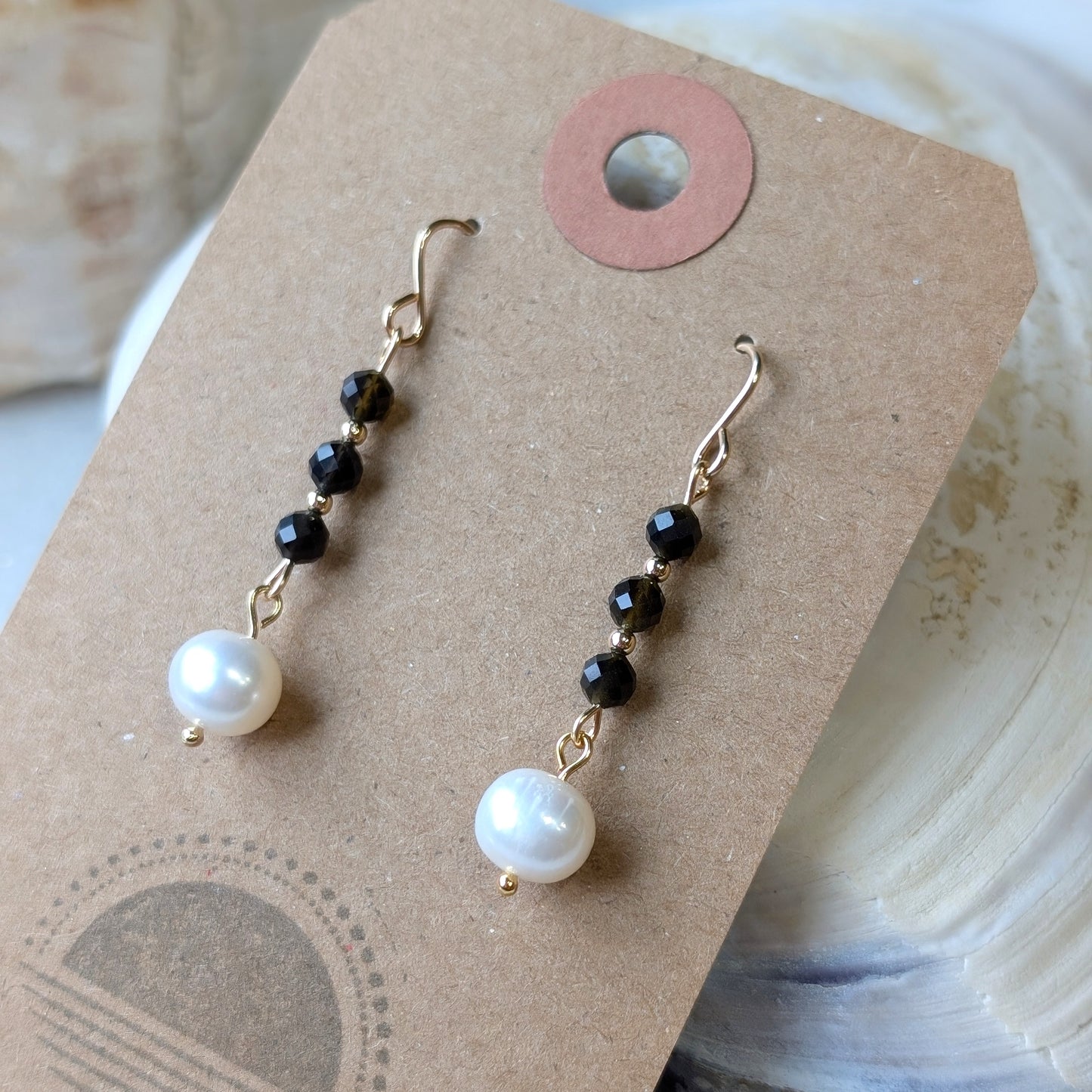 Golden Obsidian & Freshwater Pearl Drop Dangles