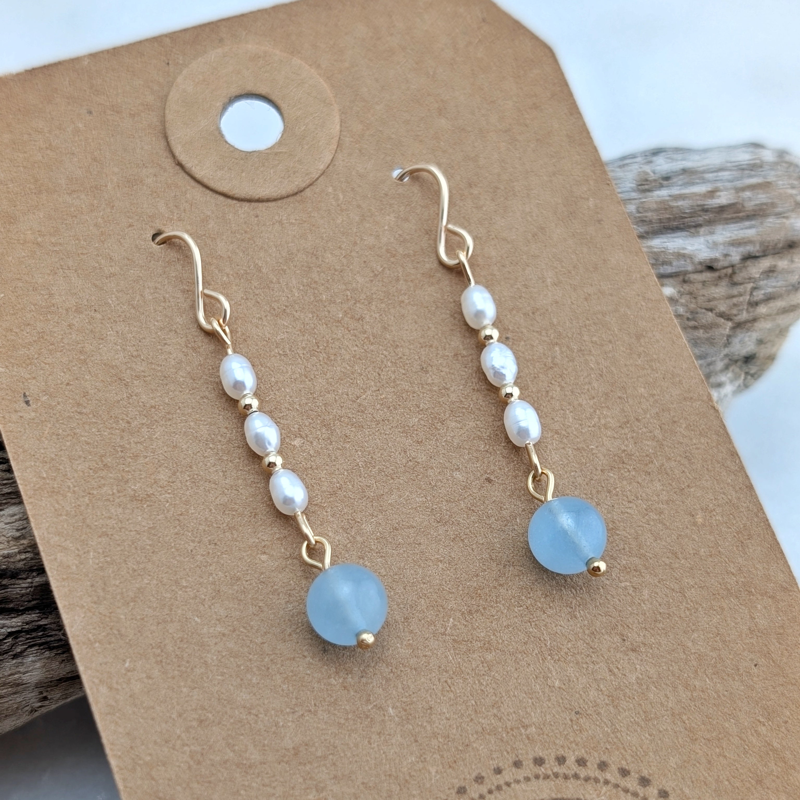 Freshwater Pearl & Aquamarine Drop Dangles