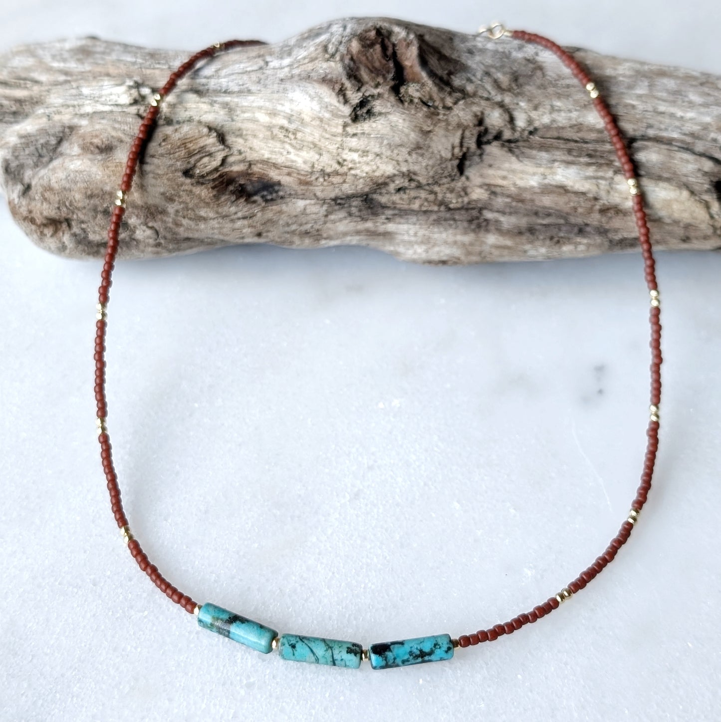 African Turquoise Triple Burnet Orange Necklace