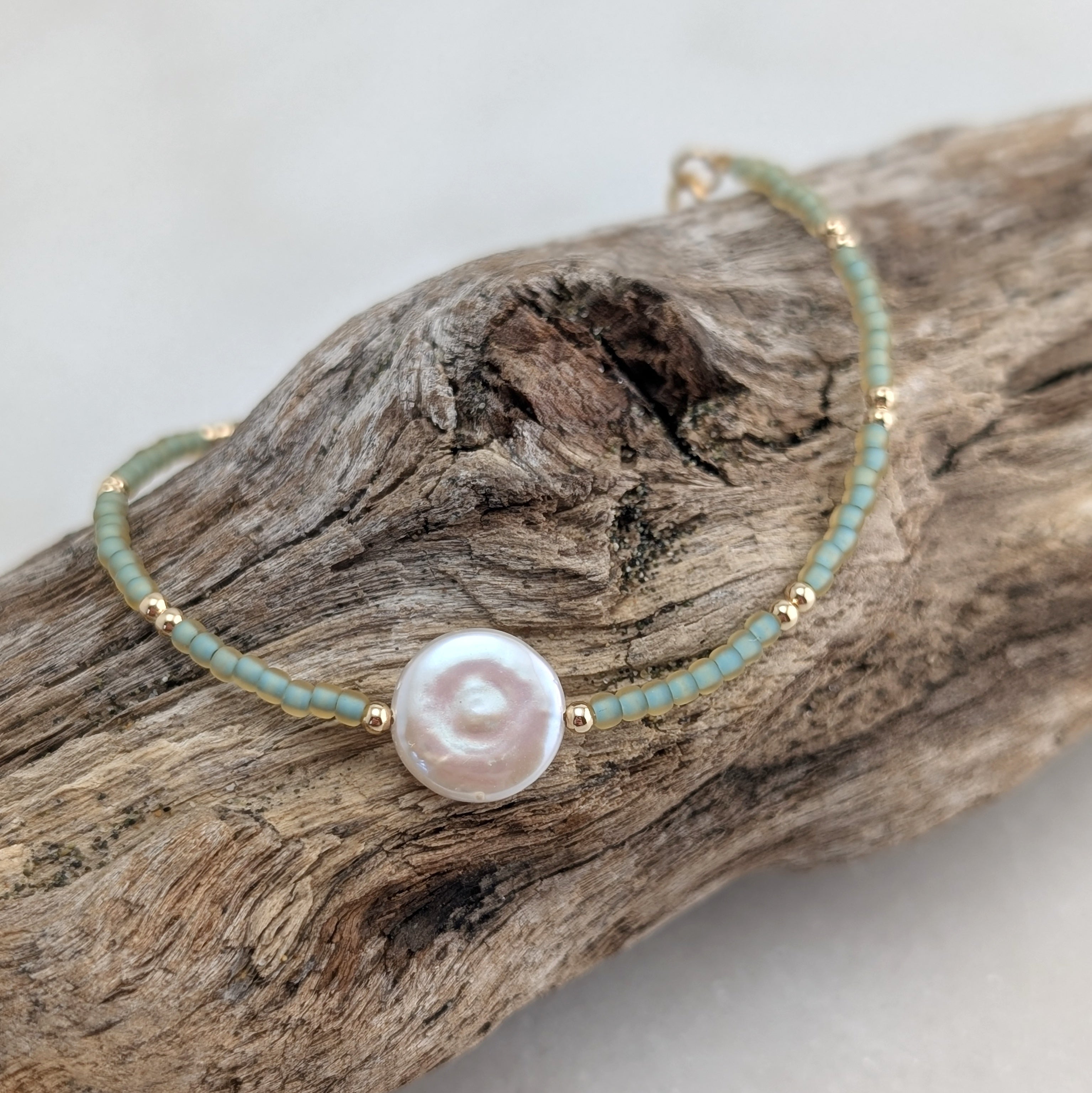 Freshwater Coin Pearl Seafoam Bracelet