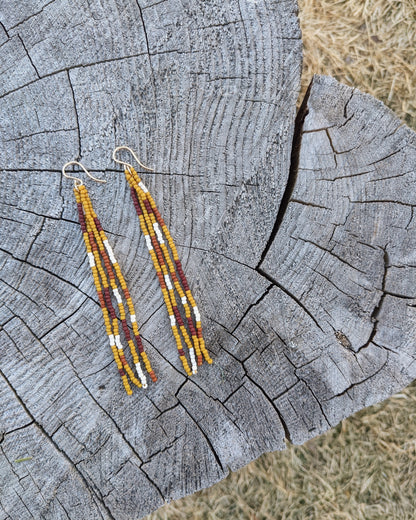 Patchwork Mustard Long Fringe Beaded Earrings