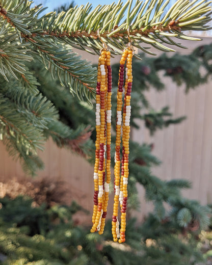 Patchwork Mustard Long Fringe Beaded Earrings