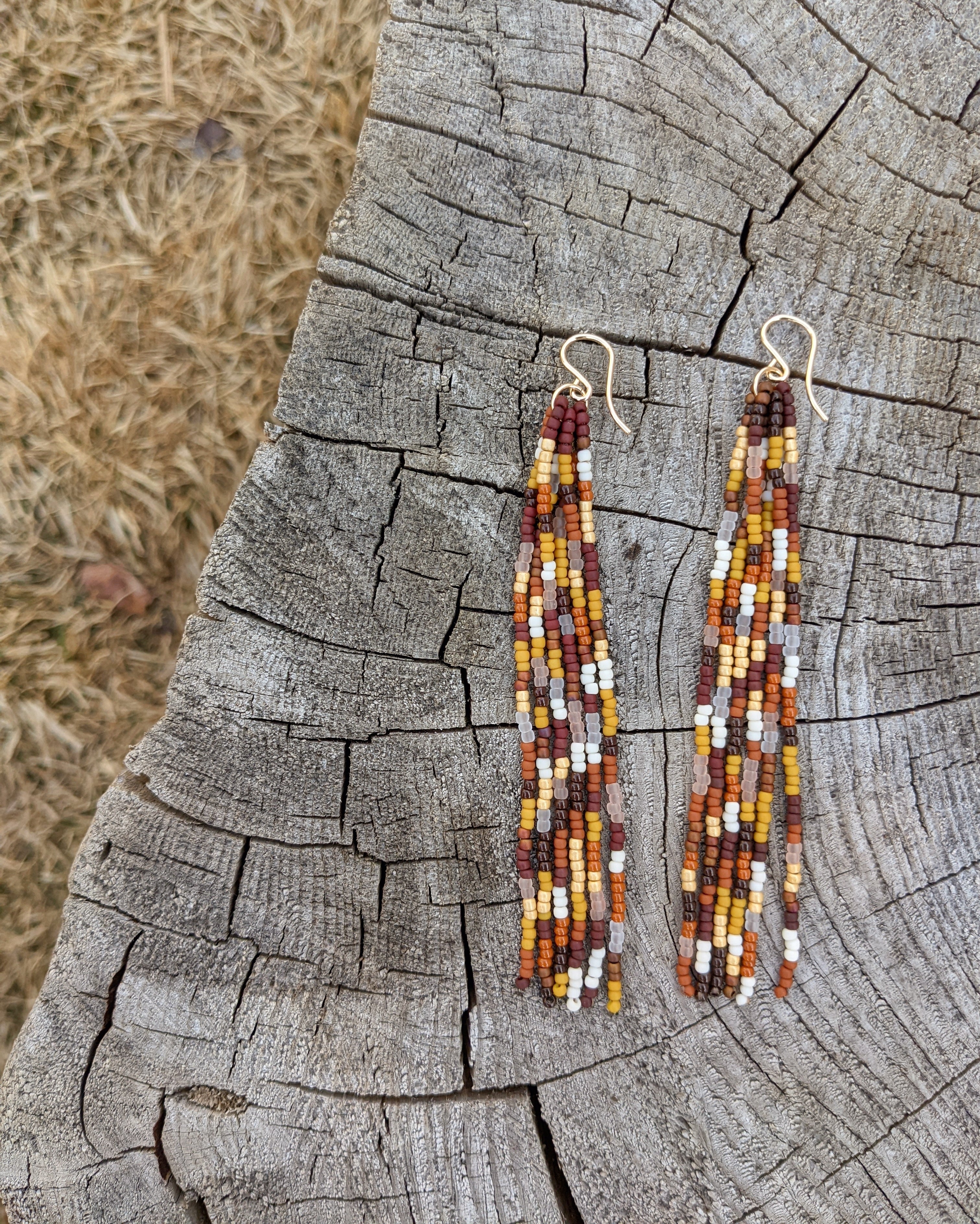 Autumn Warmth Long 6 Strand Beaded Fringe Earrings