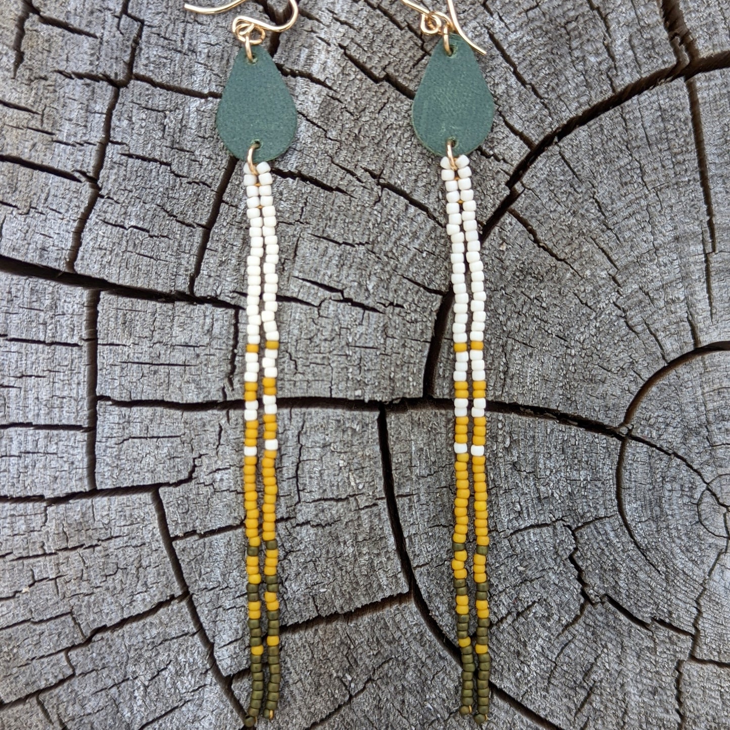 Larch Pine Green Leather Accent XL Long Fringe Earrings