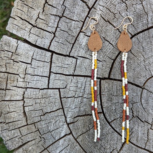 Patchwork Ivory Leather Accented XL Long Fringe Earrings